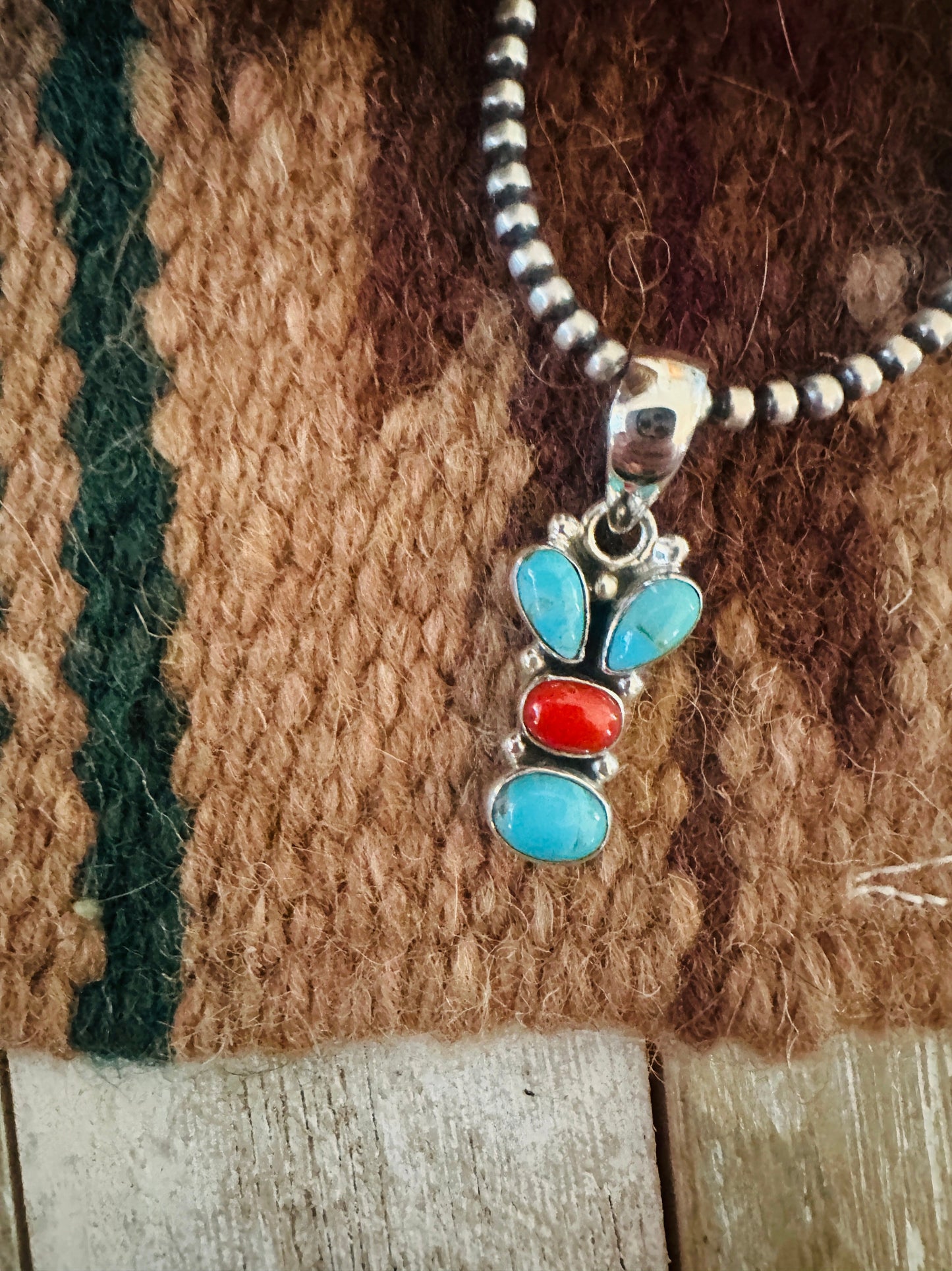 ** Christmas Collection ** Handmade Sterling Silver, Coral & Turquoise Pendant Signed Nizhoni