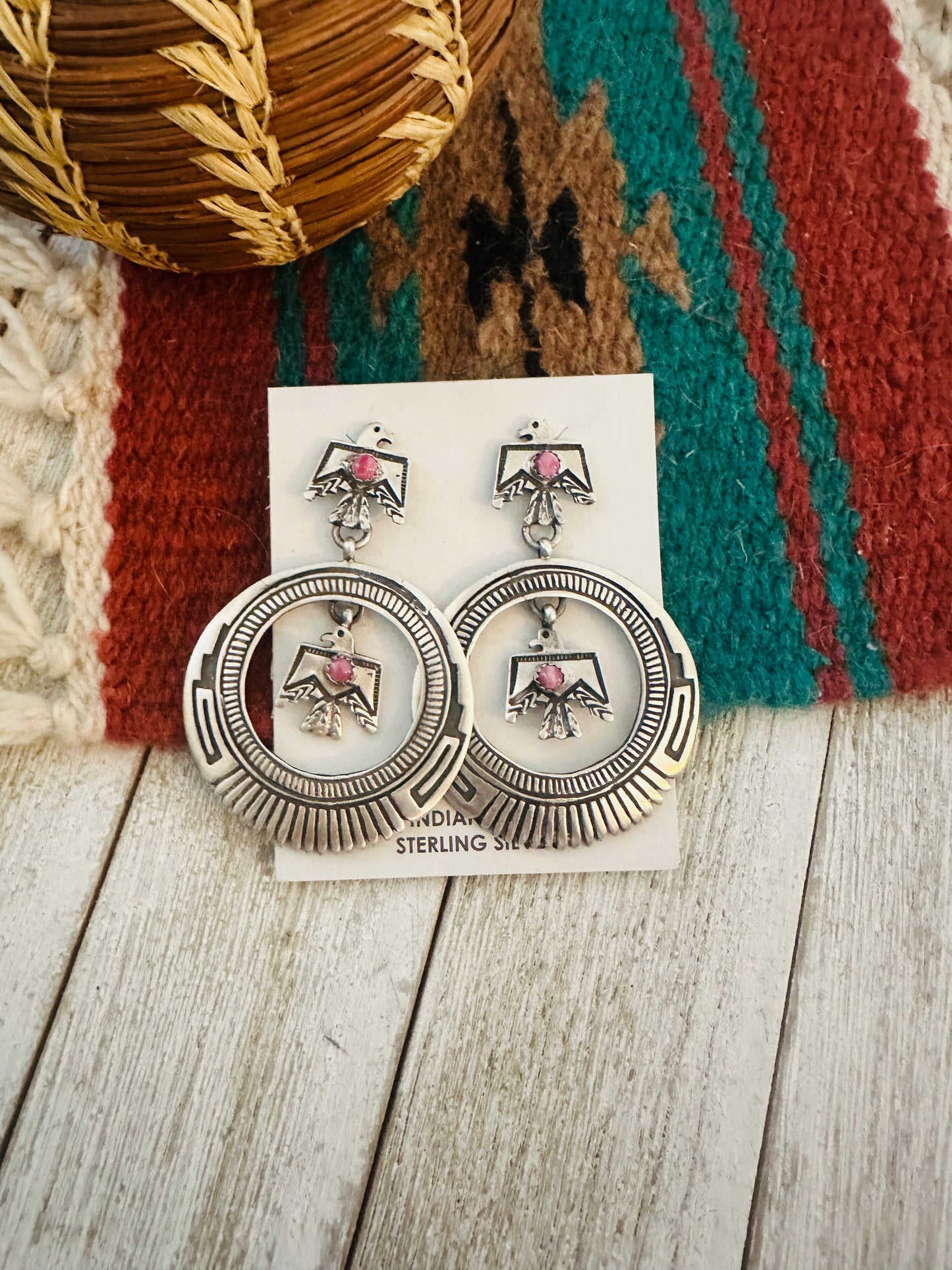 Handcrafted Sterling Silver & Rhodochrosite Thunderbird Dangle Earrings