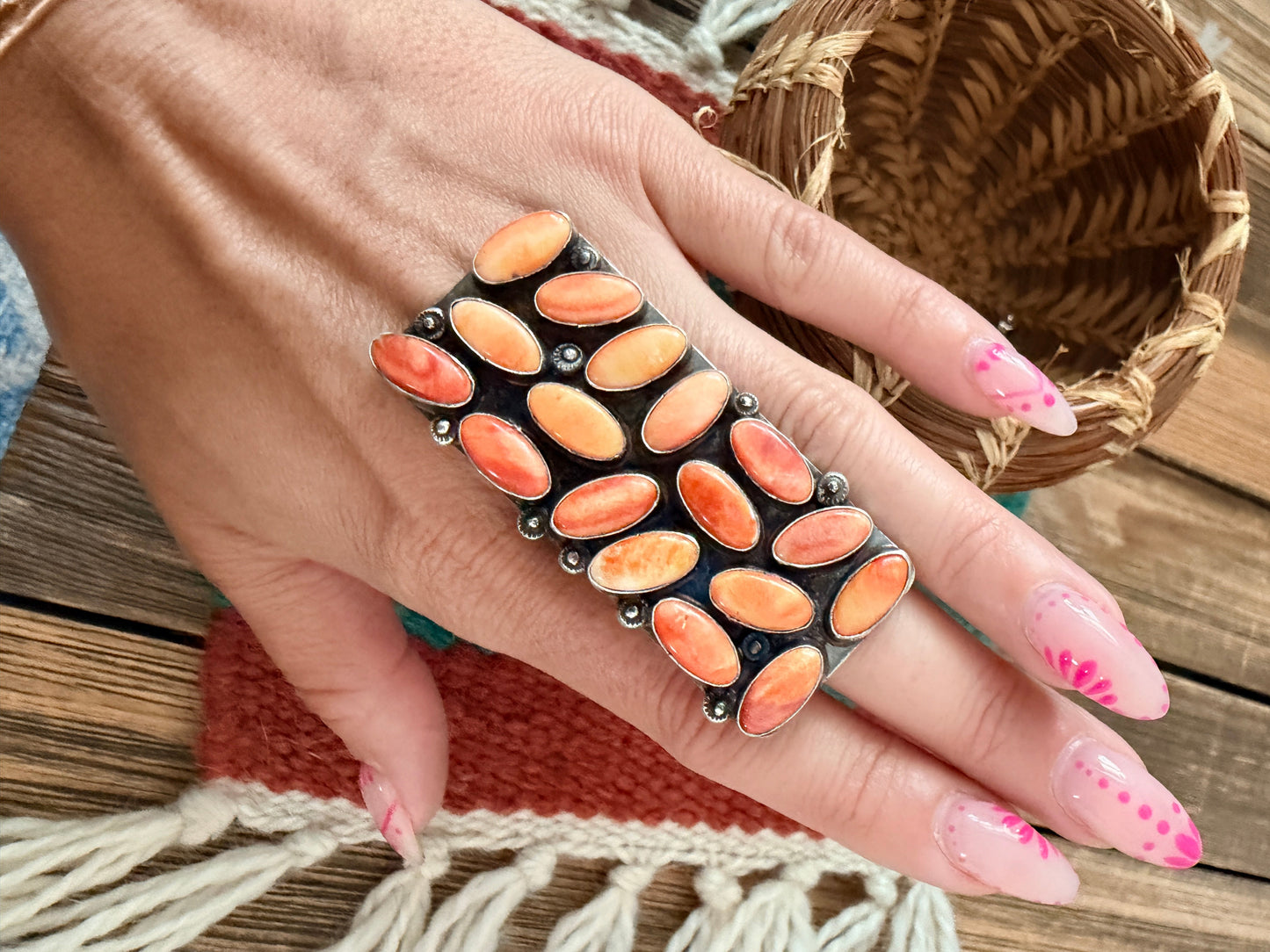 Handcrafted Orange Spiny Oyster & Sterling Silver Cluster Adjustable Ring by Jacqueline Silver