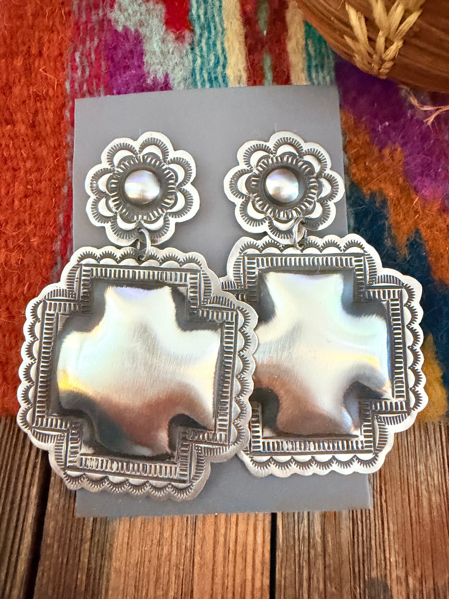Handcrafted Sterling Silver Concho Cross Dangle Earrings by Leander Tahe