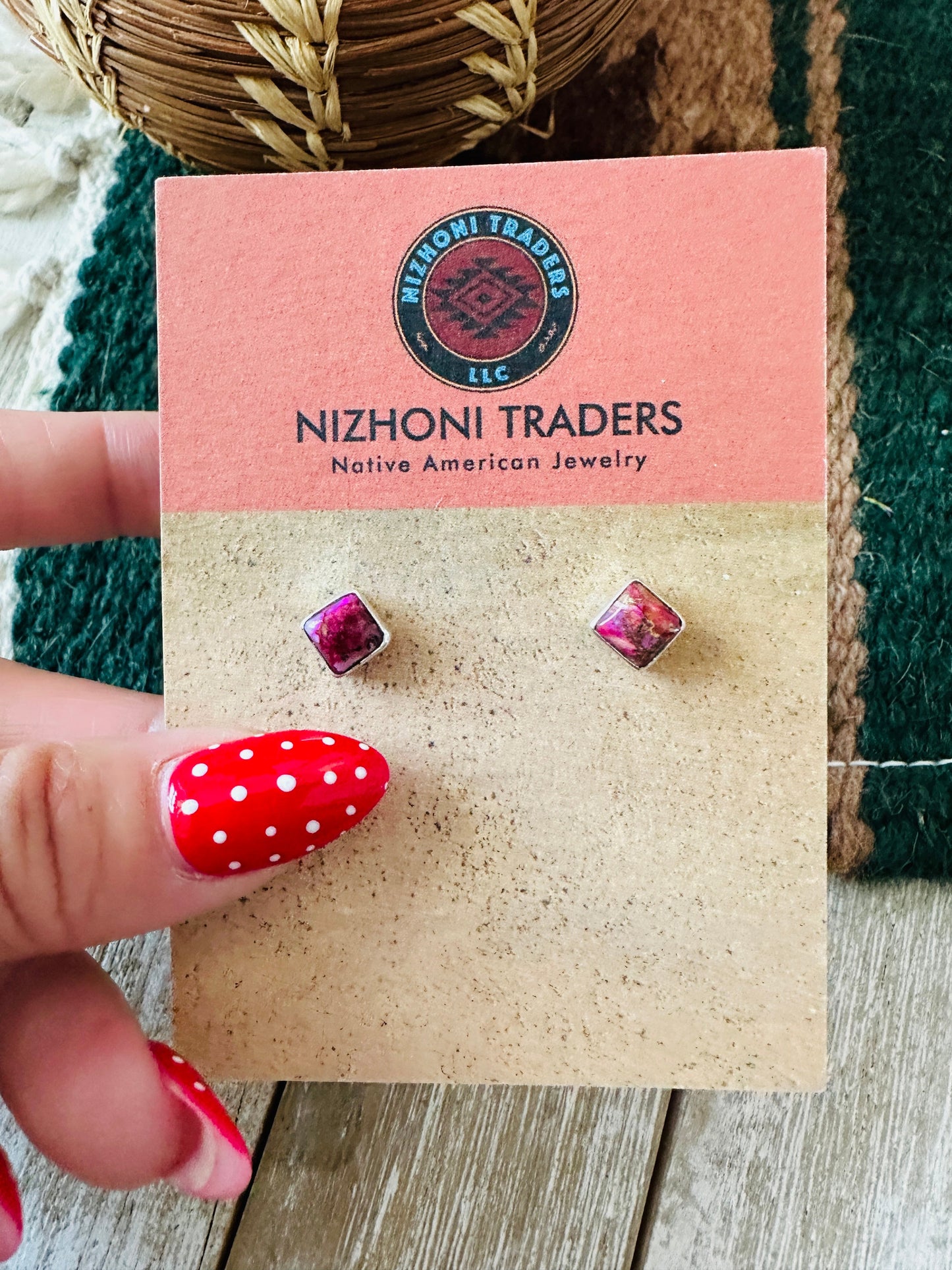 Handcrafted Sterling Silver & Pink Mojave Square Stud Earnings