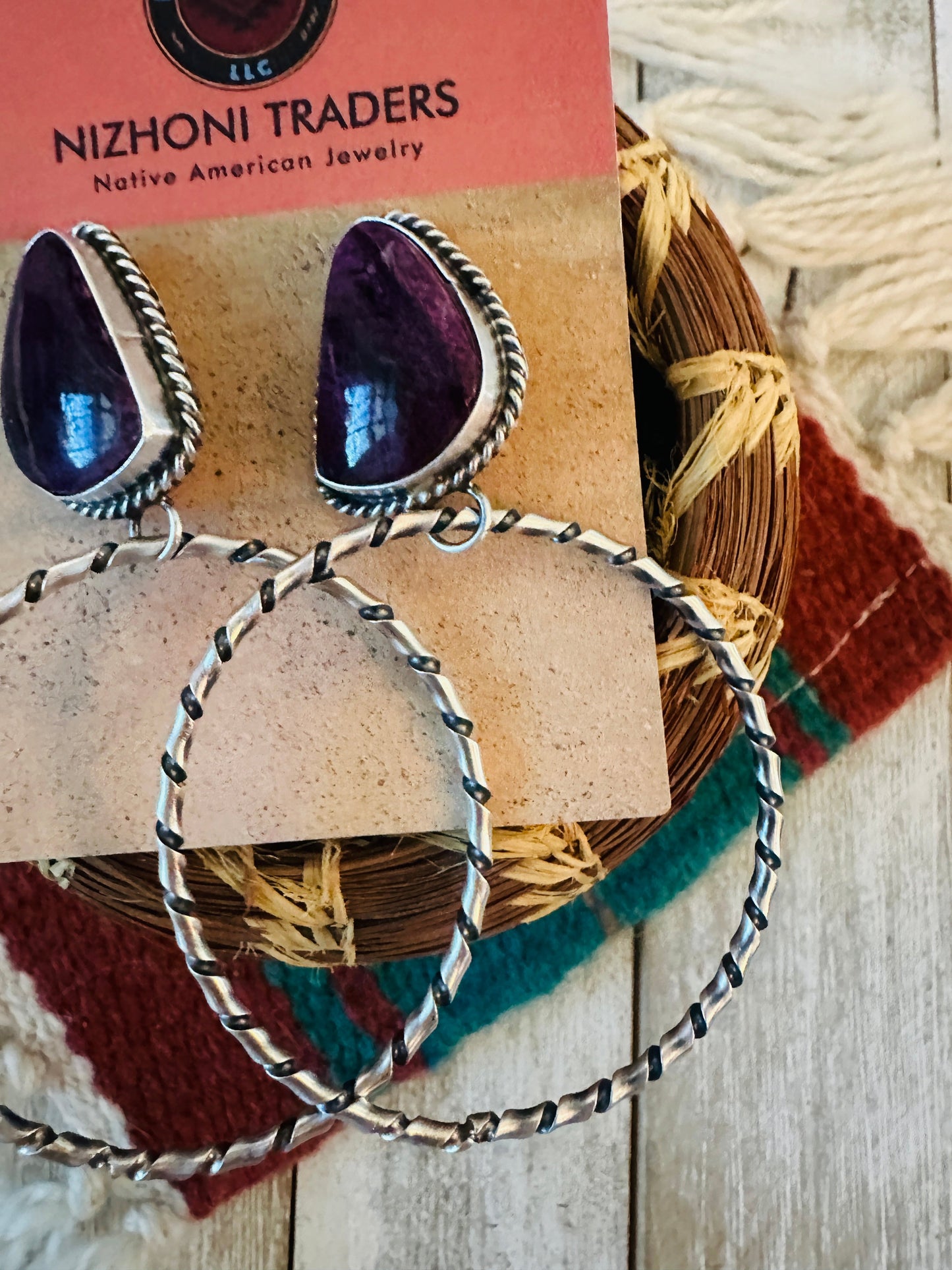 Handcrafted Purple Spiny and Sterling Silver Dangle Hoop Earrings