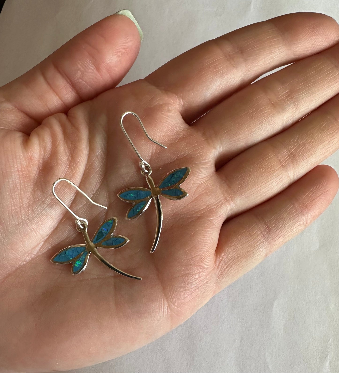 Blue Opal Dragonfly Earrings on Hook