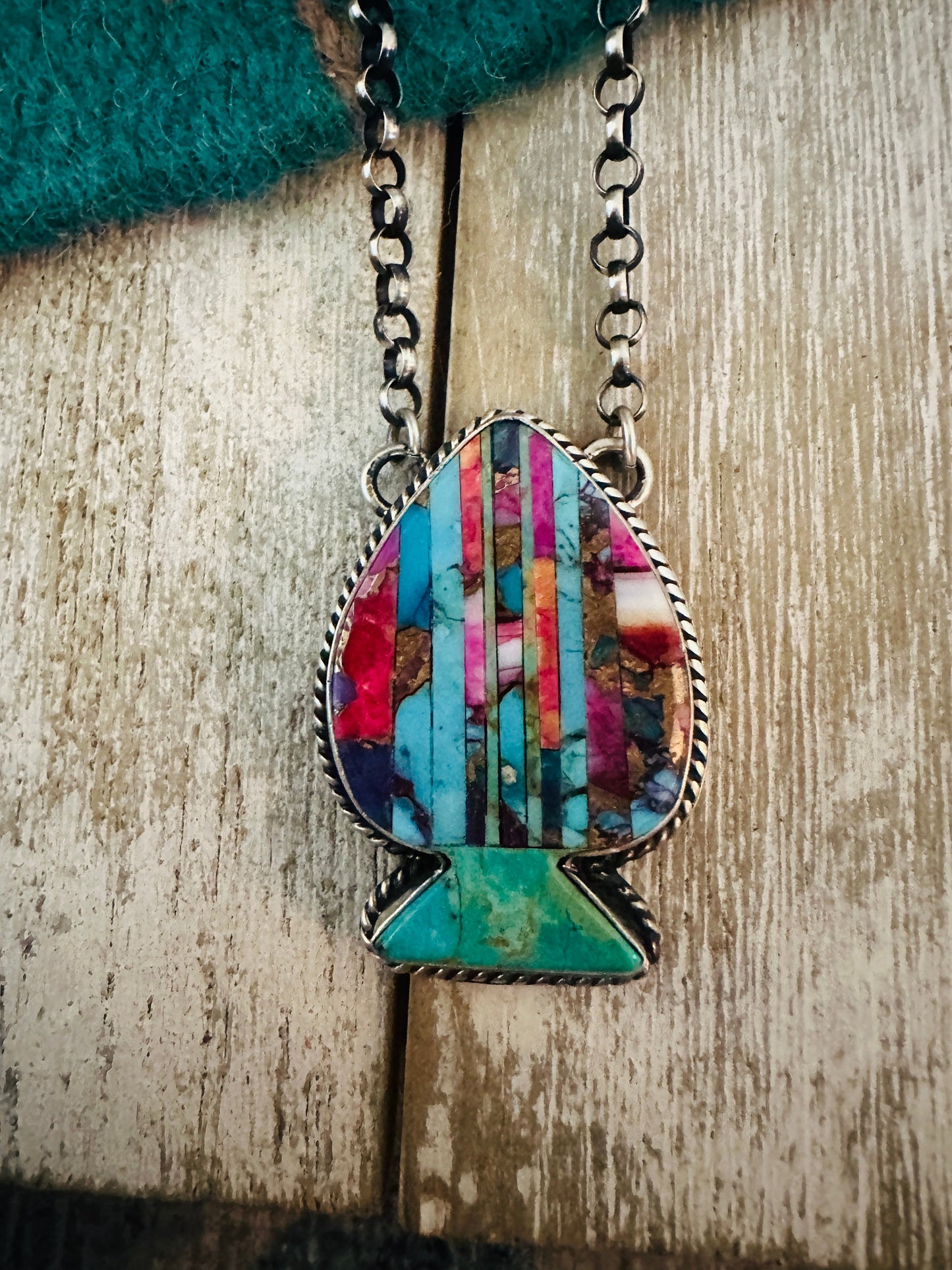 Handcrafted Sterling Silver & Multi Stone Inlay Spade Necklace