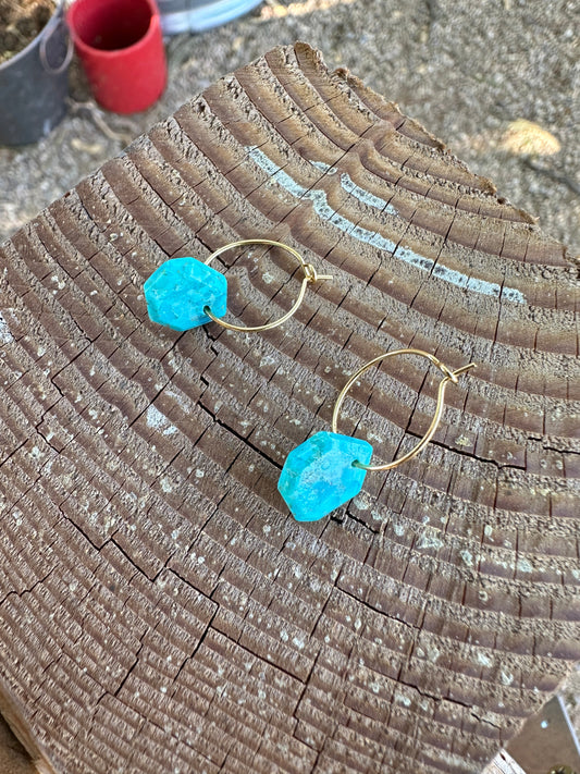 “The Golden Collection” GOLDEN HEXAGON Hoops Handmade Turquoise & 14k Gold Plated Sterling Silver Mini Hoop Earrings