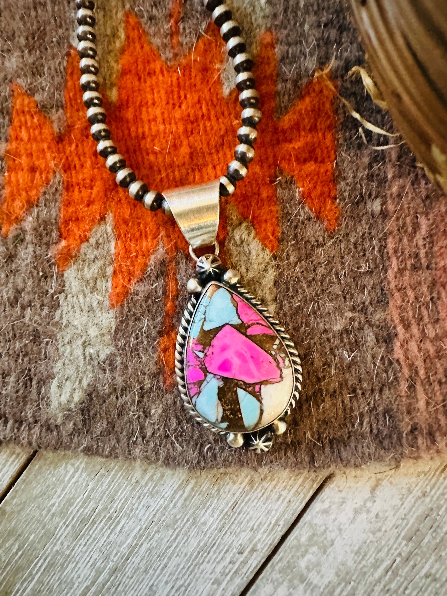 Handcrafted Cotton Candy & Sterling Silver Teardrop Pendant