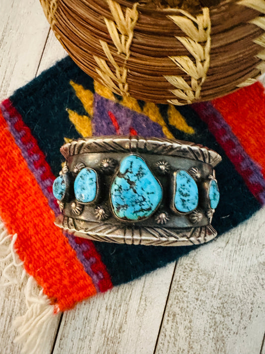 Old Pawn Handcrafted Sterling Silver & Kingman Turquoise Cuff Bracelet /