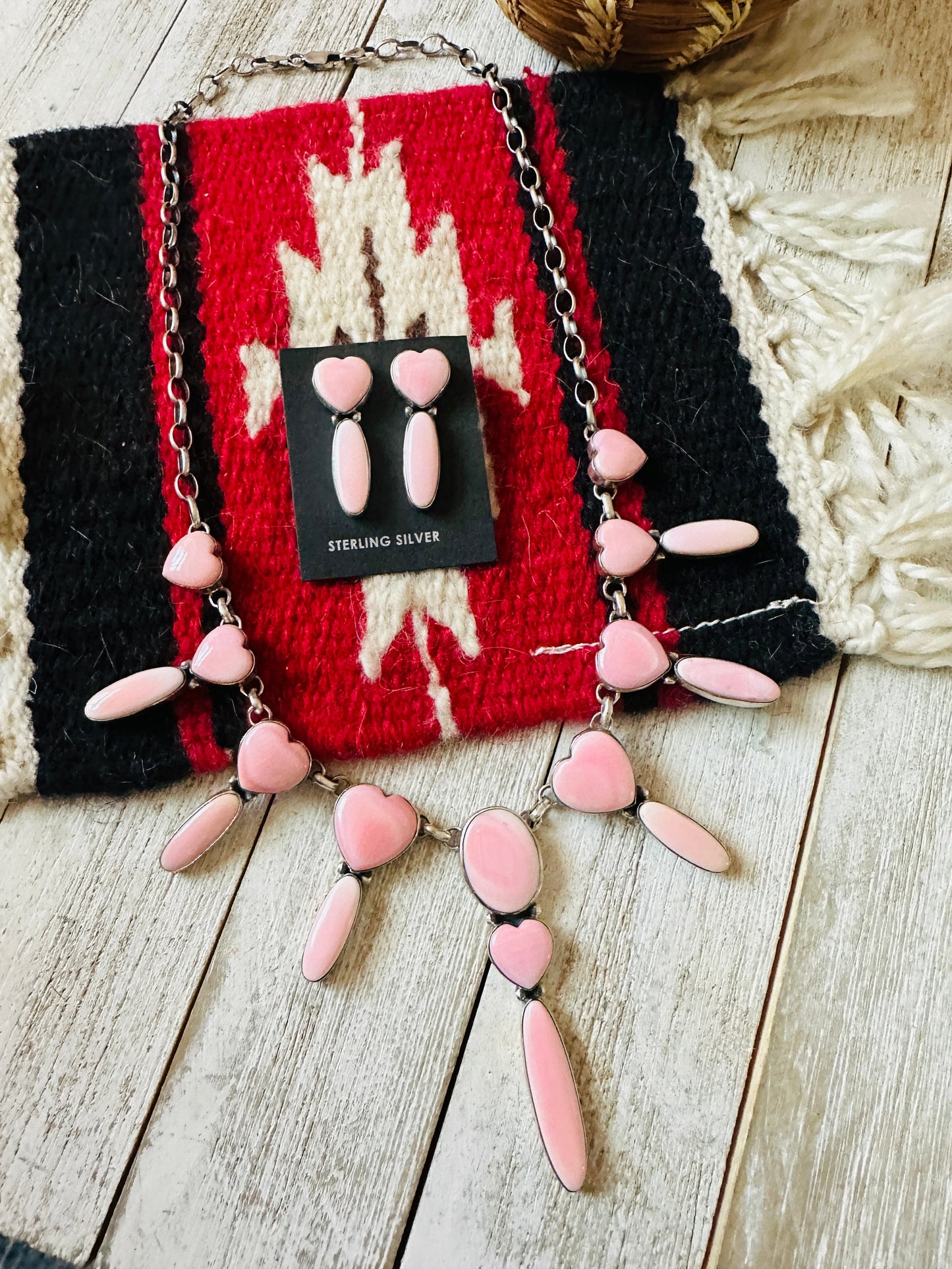 Handcrafted Queen Pink Conch & Sterling Silver Heart Necklace Set