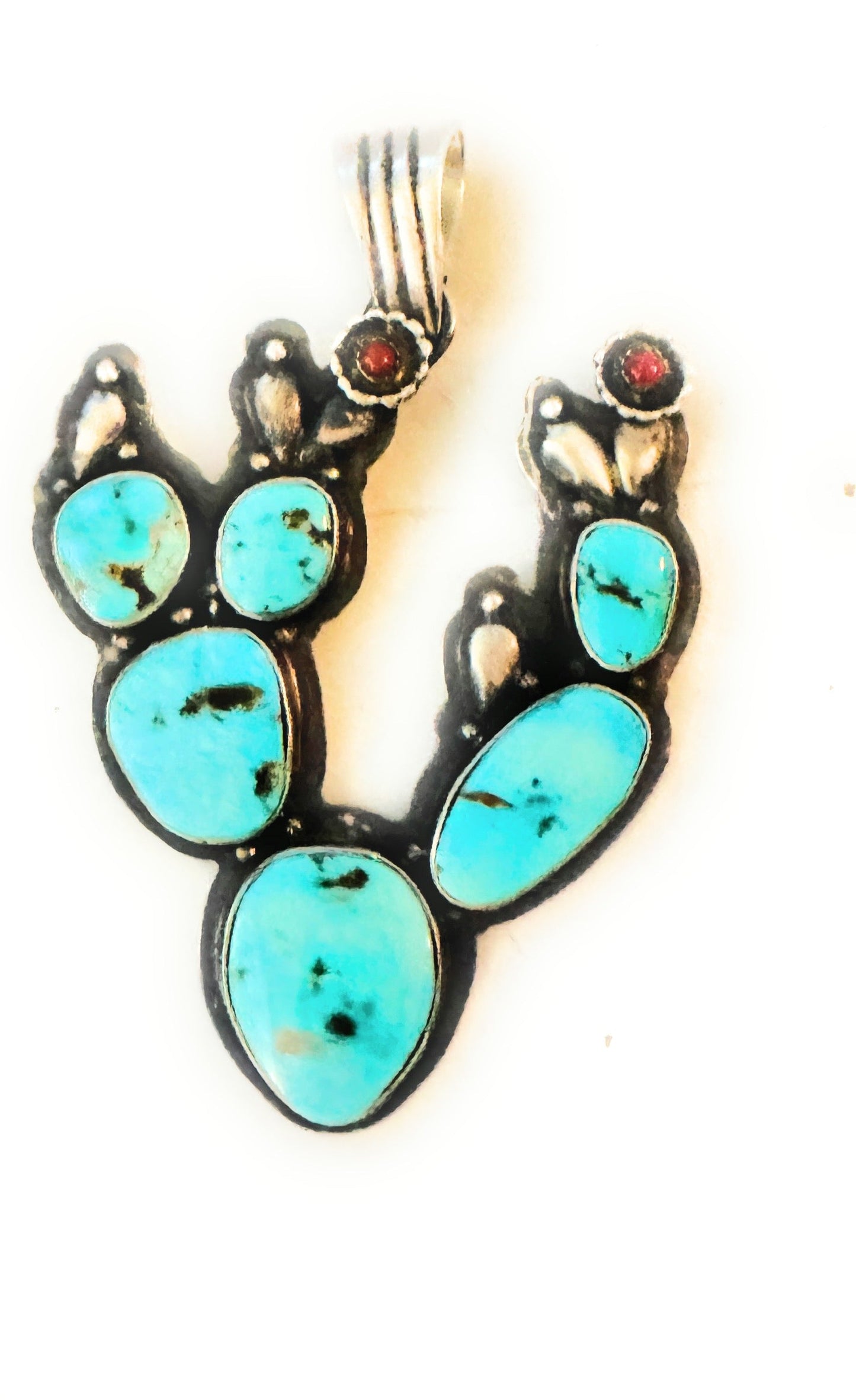 Handcrafted Turquoise, Coral and Sterling Silver Cactus Pendant