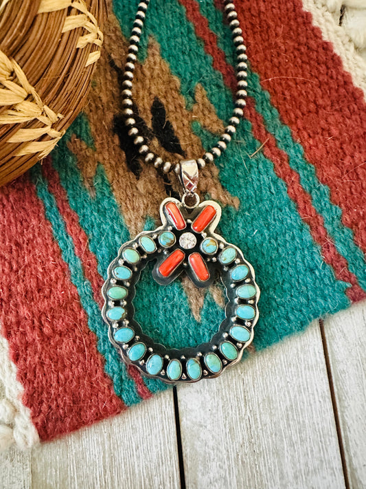 ** Christmas Collection ** Handmade Sterling Silver, Turquoise, Coral & CZ Wreath Pendant Signed Nizhoni