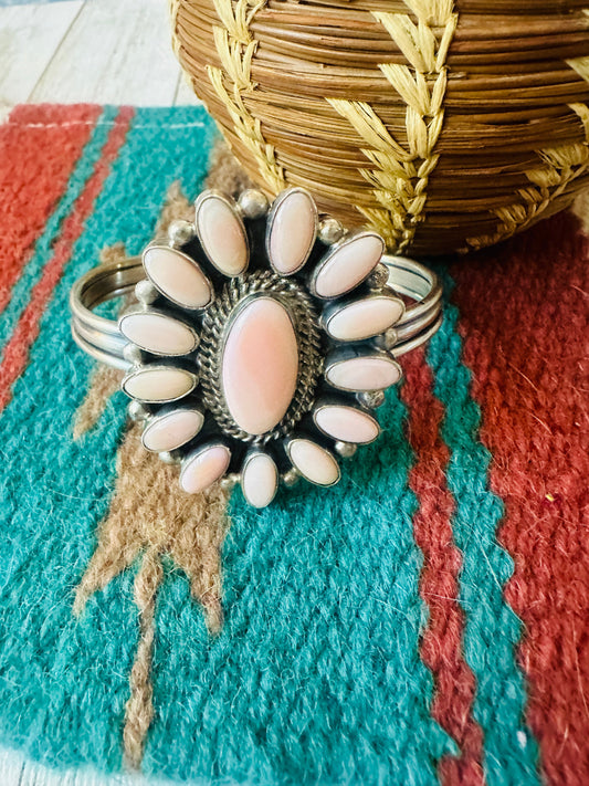 Navajo Queen Pink Conch Shell & Sterling Silver Cluster Cuff Bracelet