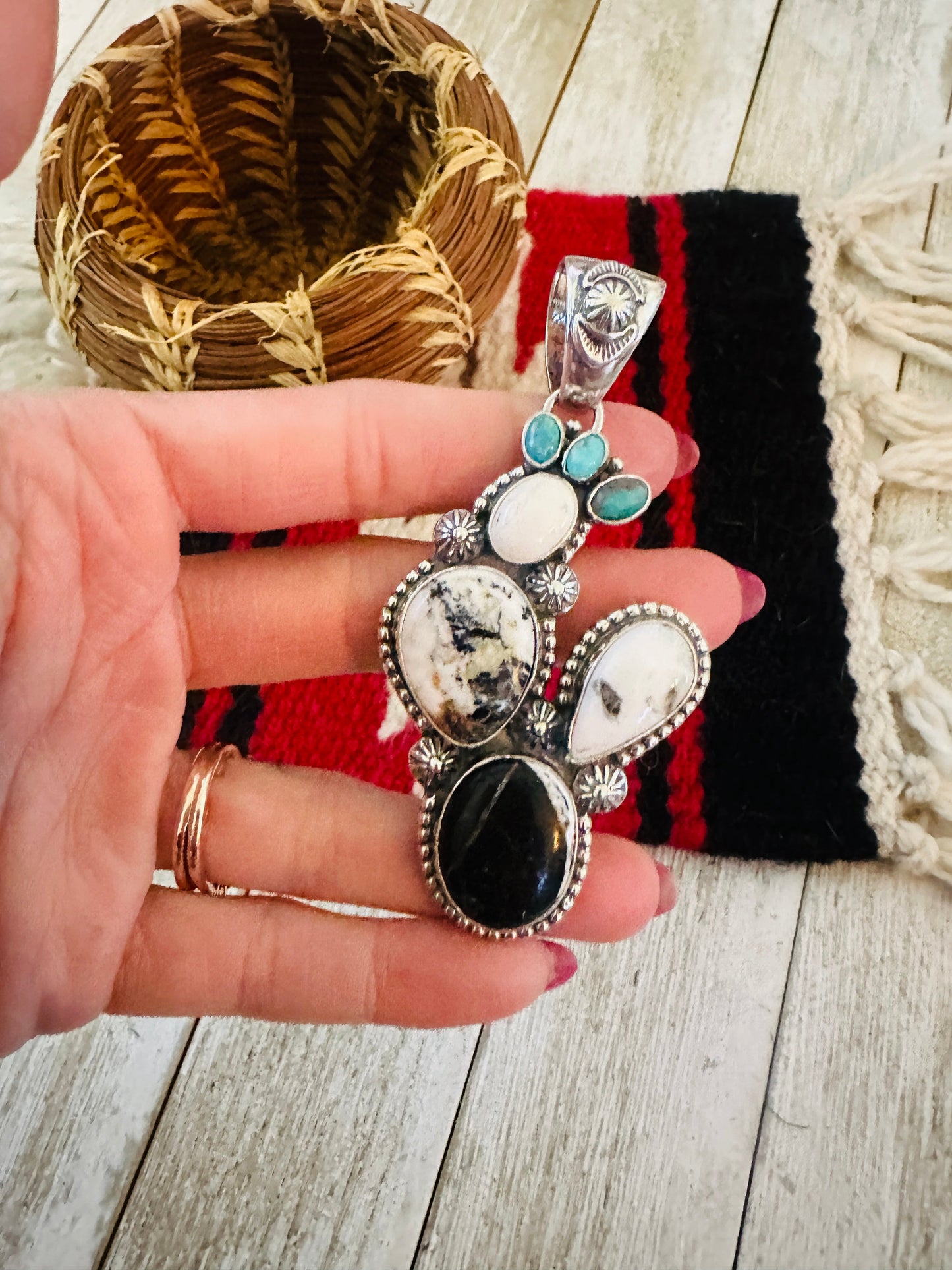 Handcrafted Sterling Silver, White Buffalo & Turquoise Cactus Pendant