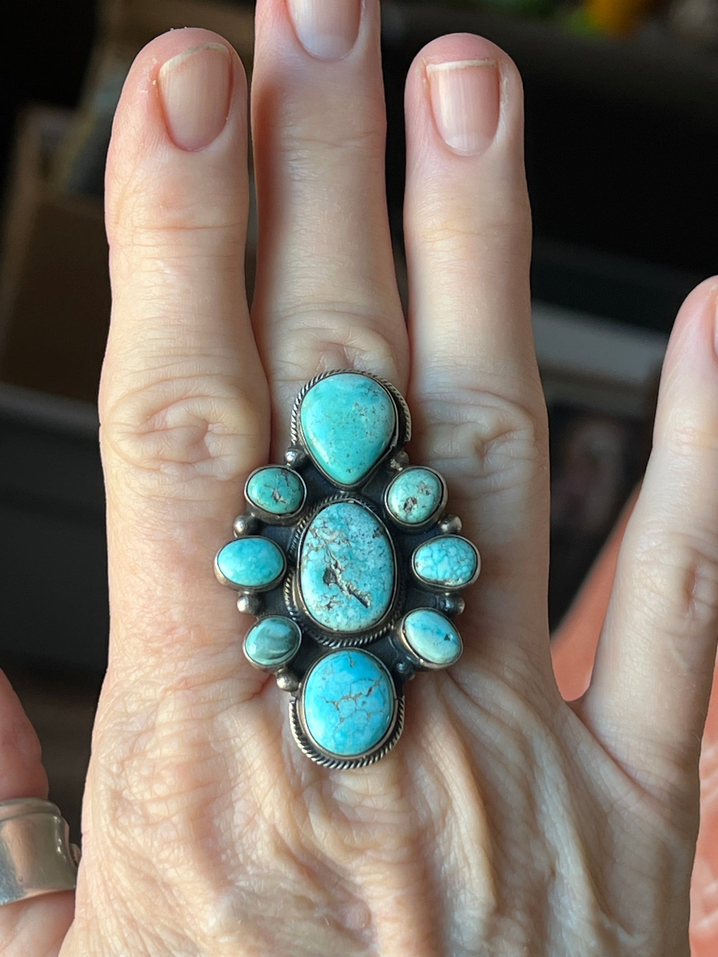 Handcrafted Sterling Silver and Natural Campitos Turquoise Cluster Ring by Sheila Becenti, Size 8.75