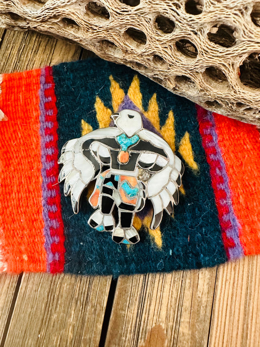 Vintage Handcrafted Sterling Silver & Multi Stone Inlay Eagle Dancer Bolo Slide
