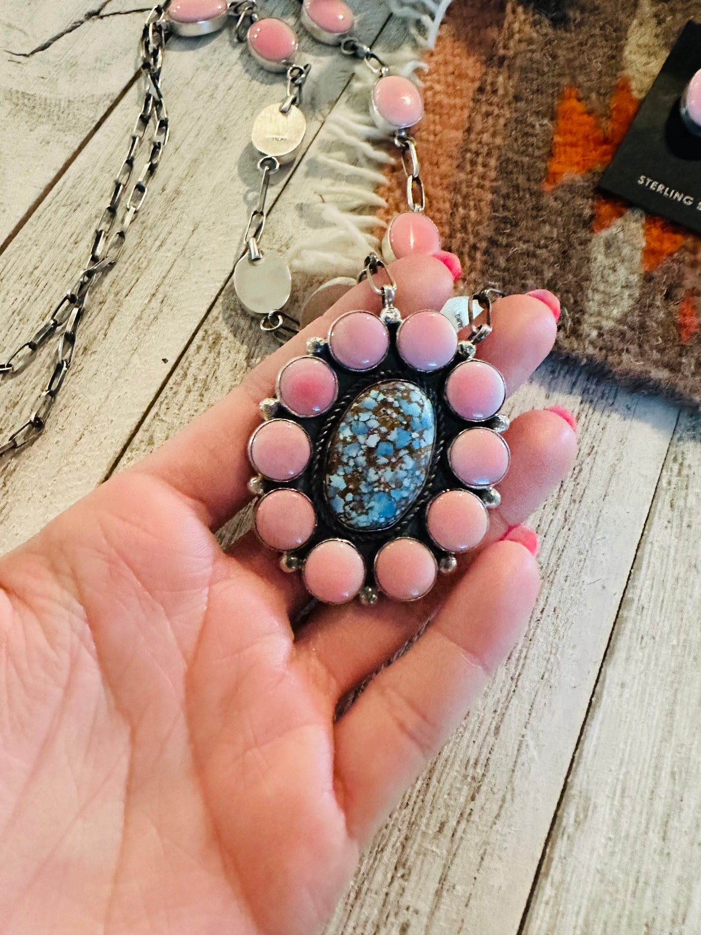 Handcrafted Turquoise, Queen Pink Conch & Sterling Silver Necklace Earrings Set