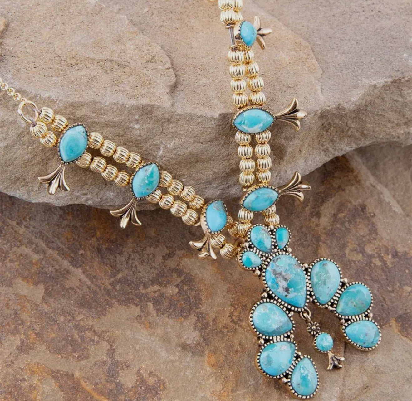“The Golden Collection” SQUASH BLOSSOM Handmade Turquoise Gold Plated Necklace
