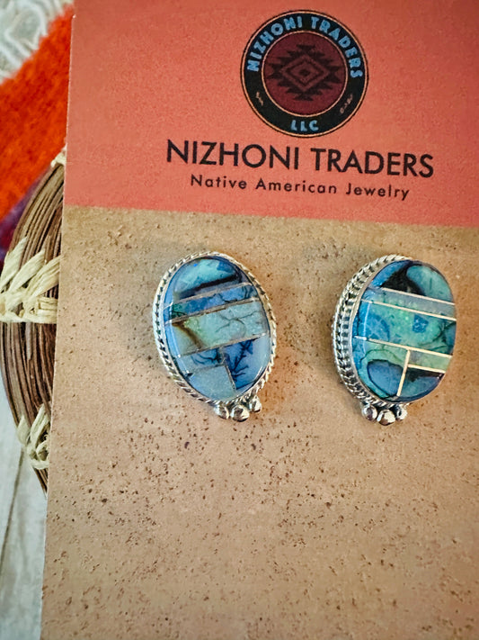 Handcrafted Spiderweb Opal & Sterling Silver Inlay Post Earrings