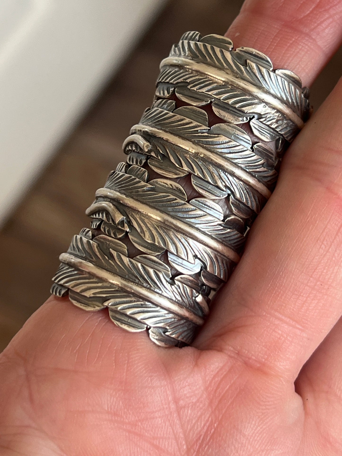 Handcrafted Sterling Silver Stout Feather Rings with Mediterranean Coral, Signed KM