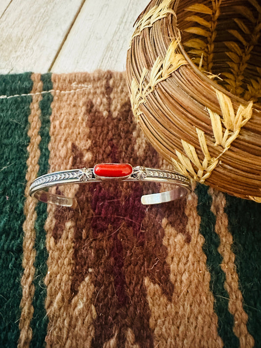 Navajo Coral & Sterling Silver Cuff Bracelet