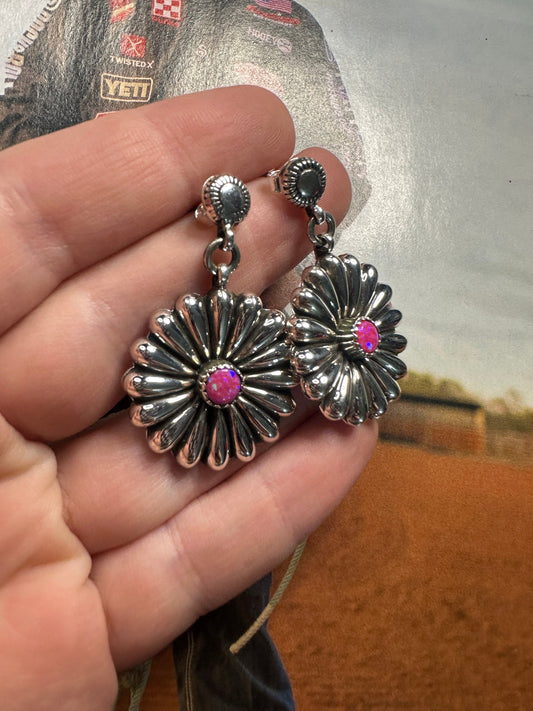 Handmade Sterling Silver & Hot Pink Fire Opal Flower Earrings