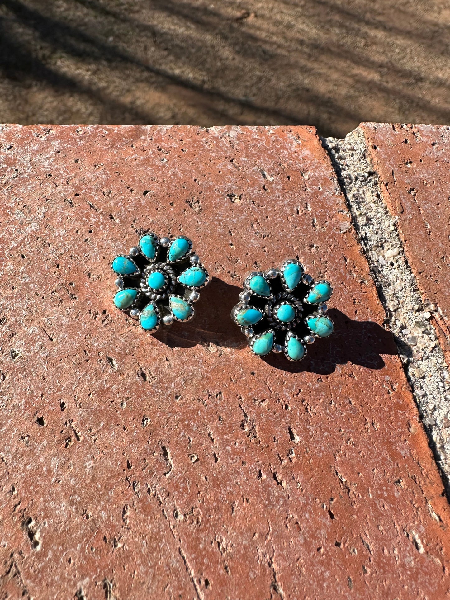 Handmade Flower Cluster Sterling Silver & Turquoise Post Earrings Signed Nizhoni 8 STONE LESLIES FAVE