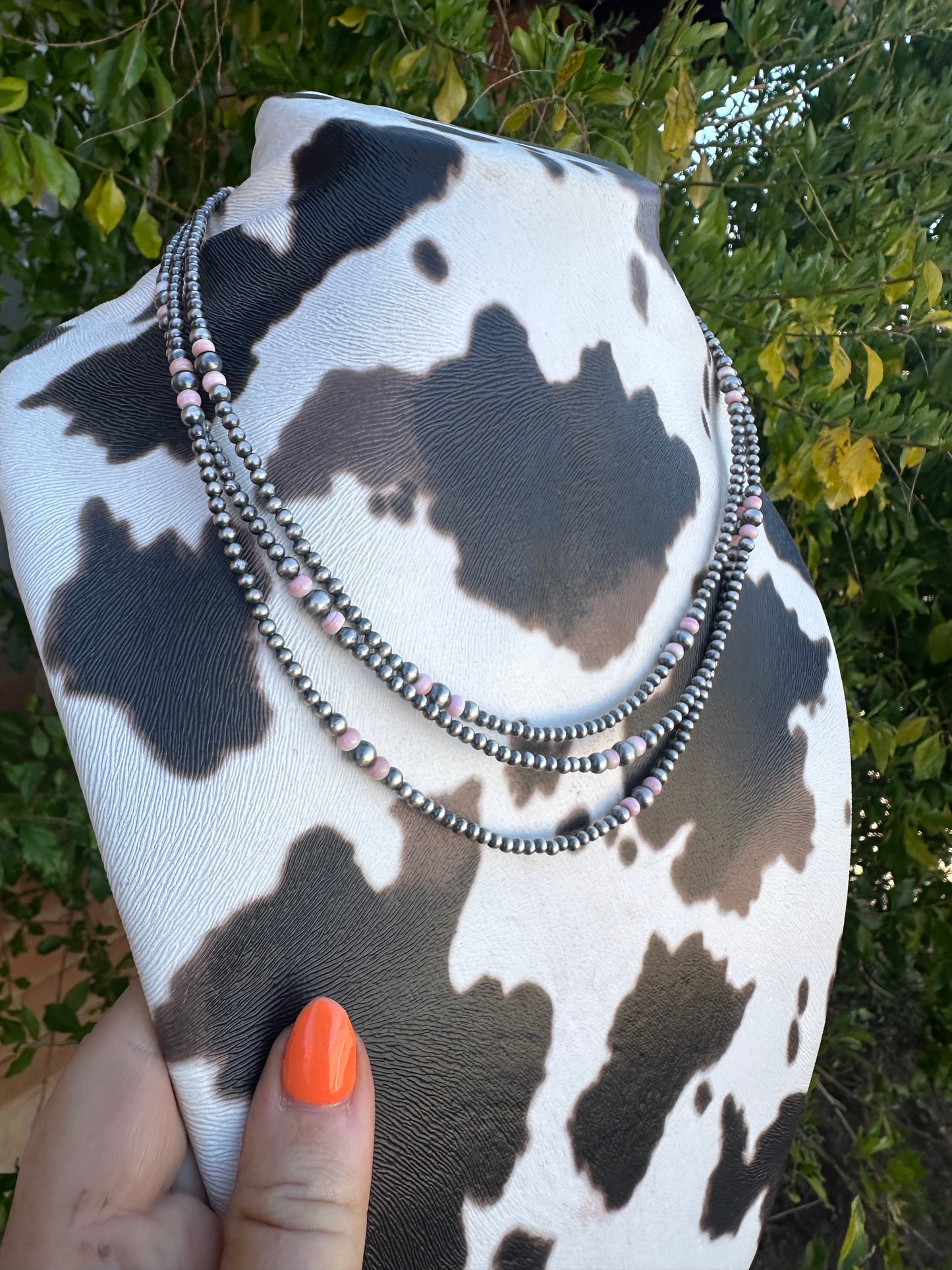 Handmade Sterling Silver 3-5mm Pink Conch Beaded Necklace 60”