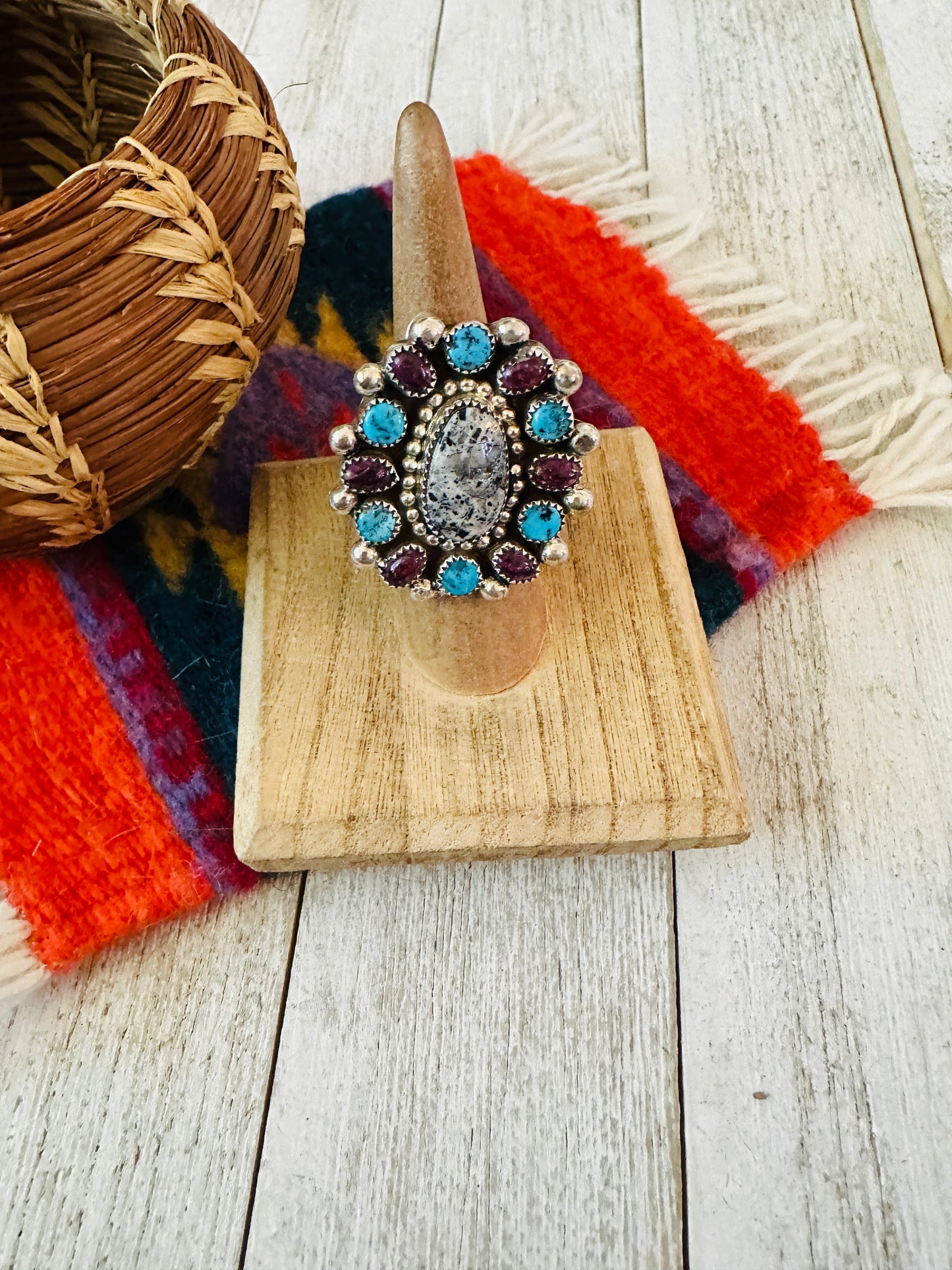 Handcrafted Sterling Silver & Multi Stone Cluster Adjustable Ring