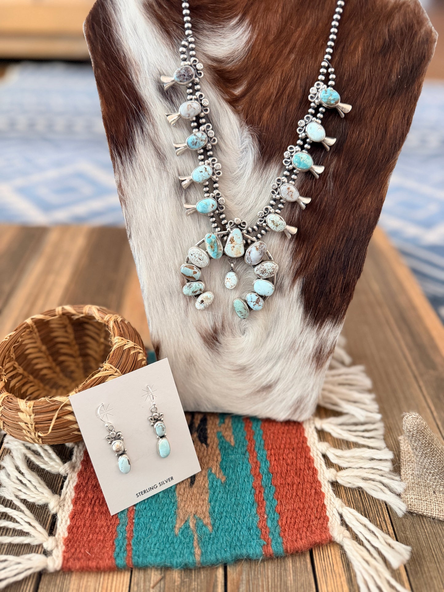 Handcrafted Dry Creek Turquoise & Sterling Silver Squash Blossom Necklace and Earring Set
