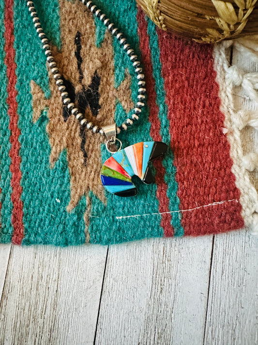 Handcrafted Multi Stone & Sterling Silver Inlay Fetish Bear Pendant