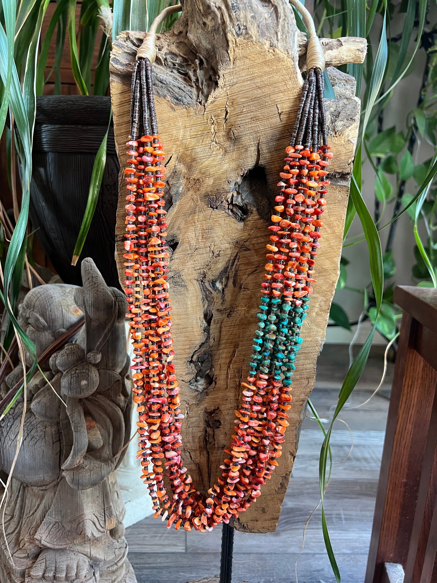 Gorgeous Handcrafted Made Eight Strand Spiny Oyster and Turquoise Beaded Squaw Wrap Necklace by Daniel Coriz