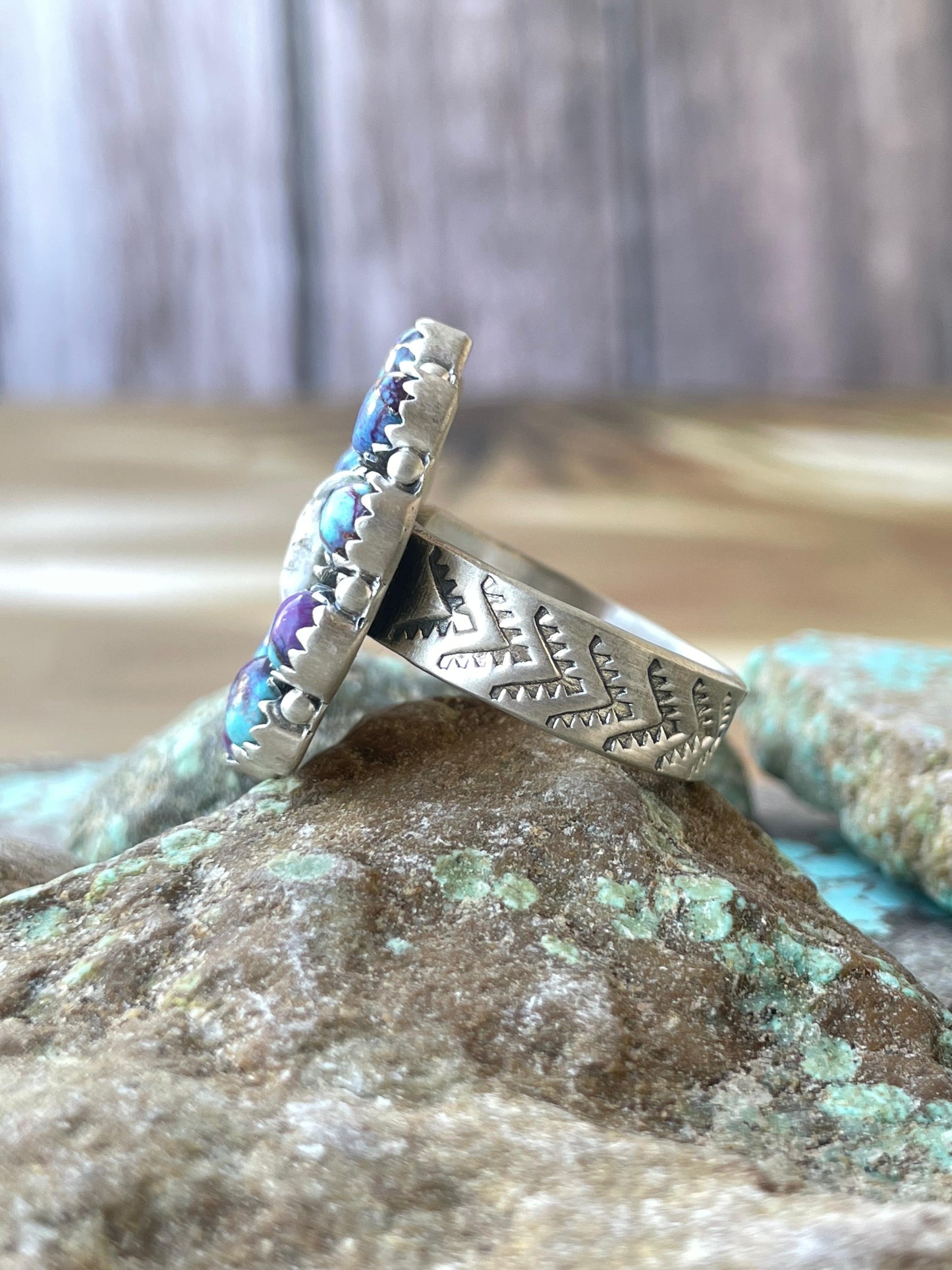 Beautiful Handmade Sterling Silver, White Buffalo & Purple Dream Mojave Adjustable Cluster Ring