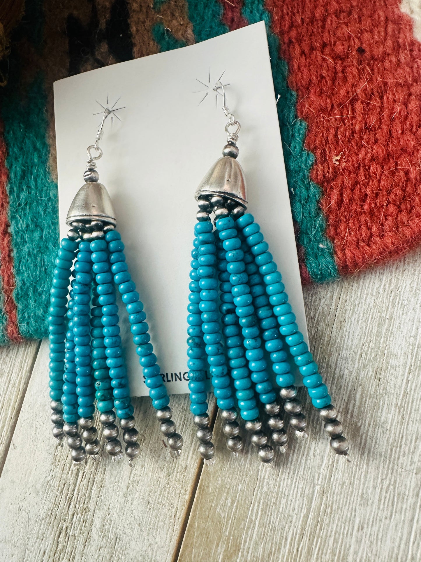 Handcrafted Darker Turquoise & Sterling Silver Pearl Beaded Tassel Dangle Earrings