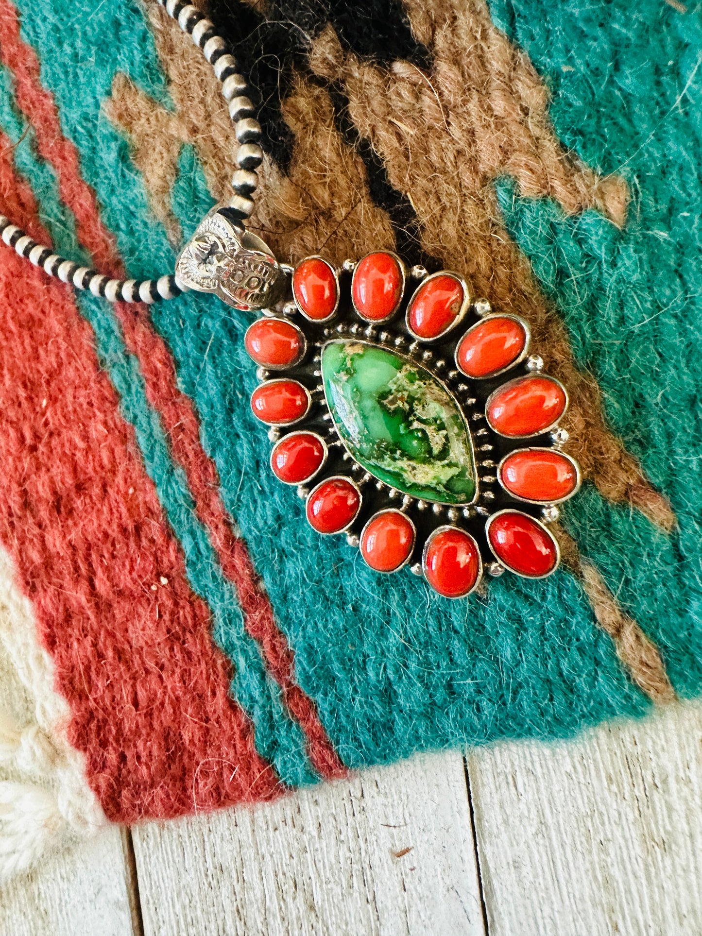 ** Christmas Collection ** Handmade Sterling Silver, Coral & Turquoise Cluster Pendant Signed Nizhoni
