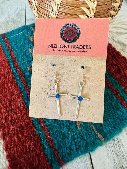 Handcrafted Sterling Silver & Blue Opal Cross Dangle Earrings
