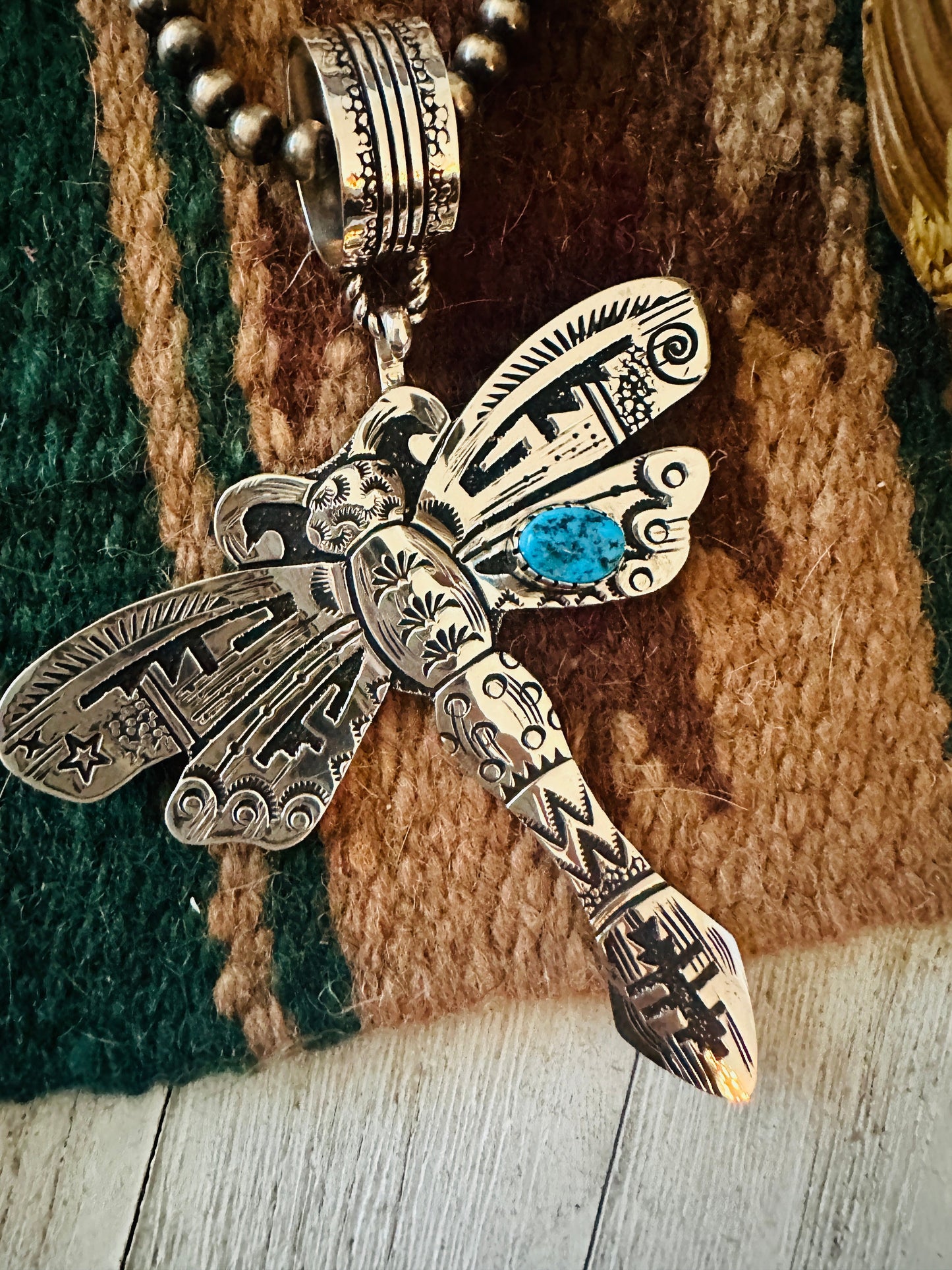 Handcrafted Turquoise & Sterling Silver Dragonfly Pendant Signed Richard Singer