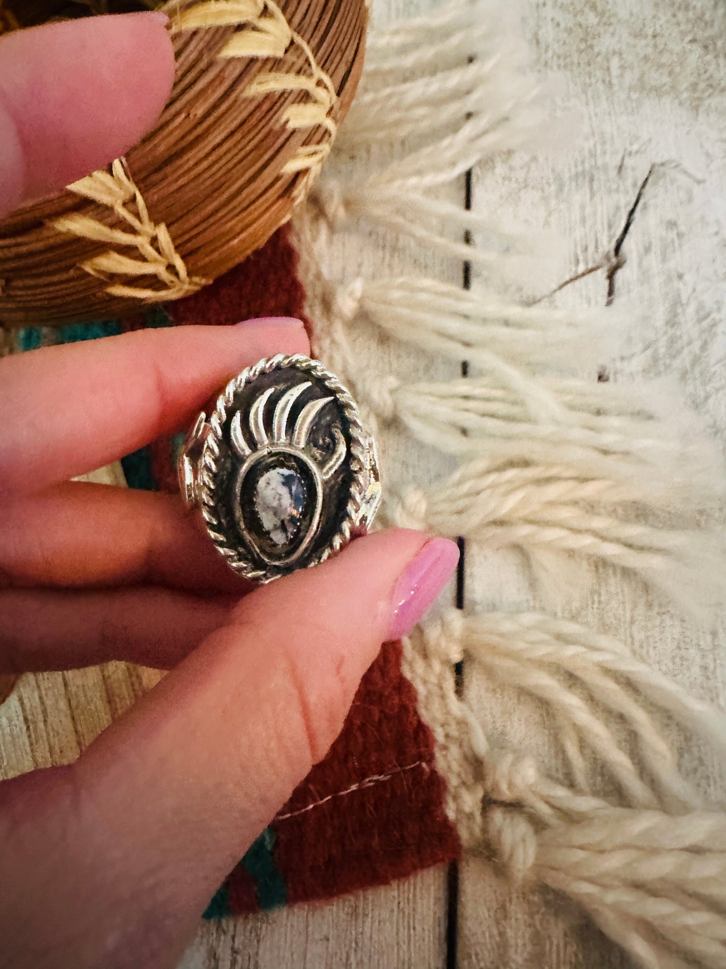 Handcrafted White Buffalo & Sterling Silver Bear Paw Cigar Band Ring Size 11