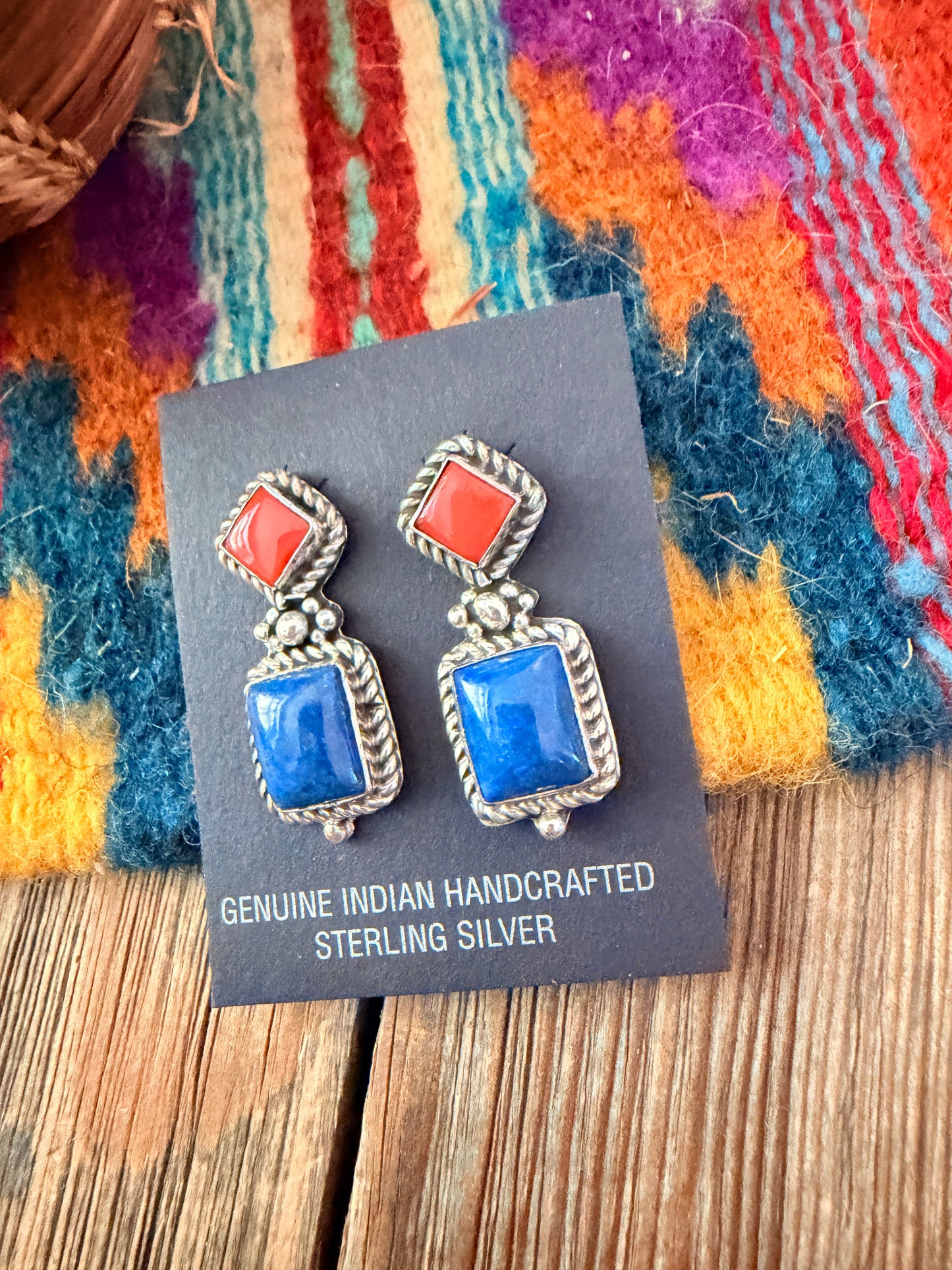 Handcrafted Lapis, Coral & Sterling Silver Dangle Earrings
