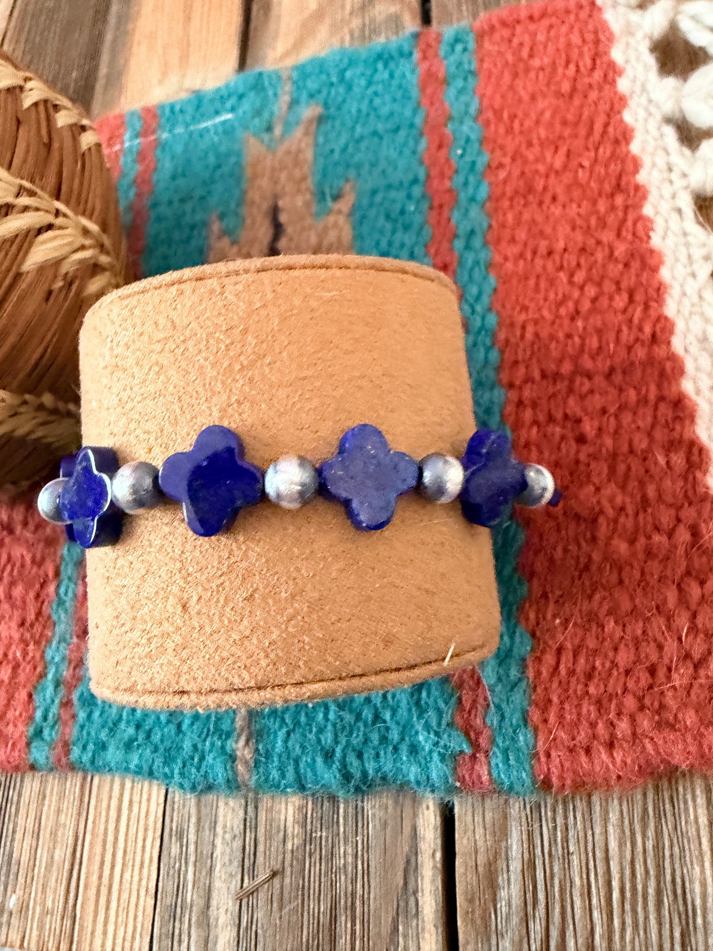 Handcrafted Lapis & Sterling Silver Pearl Cross Beaded Stretch Bracelet