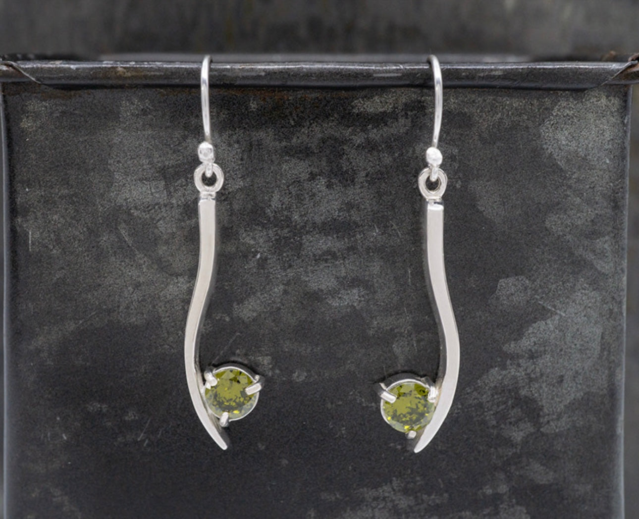 Green Crystal Arc Sterling Silver Earrings