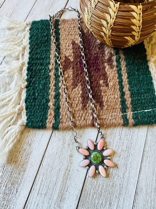 Handcrafted Sterling Silver, Queen Pink Conch Shell & Turquoise Necklace