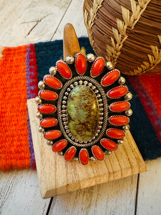 Handcrafted Kingman Turquoise, Coral & Sterling Silver Adjustable Ring by Hemerson Brown