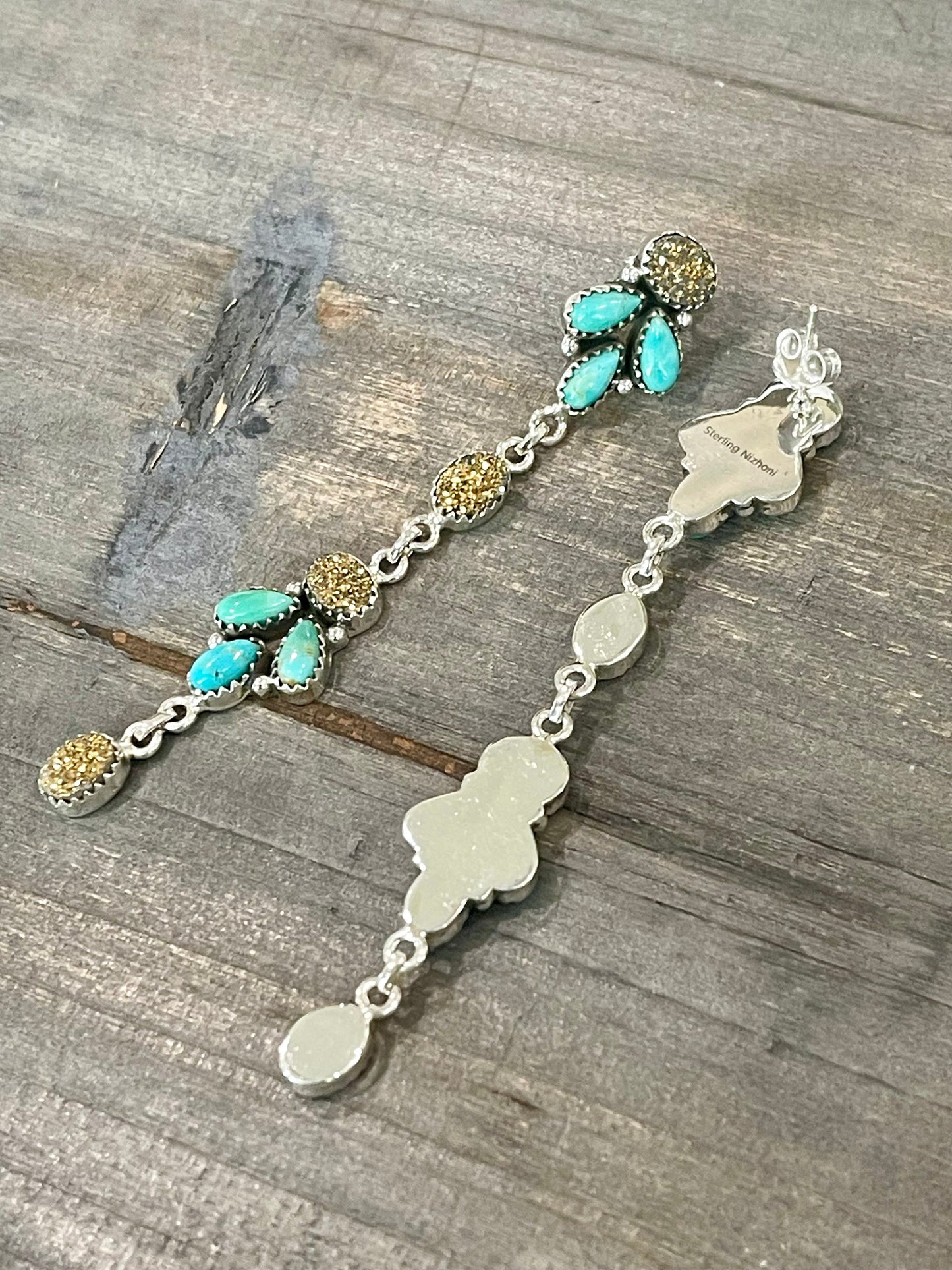 Handmade Sterling Silver Turquoise & Druzy Dangle Earrings