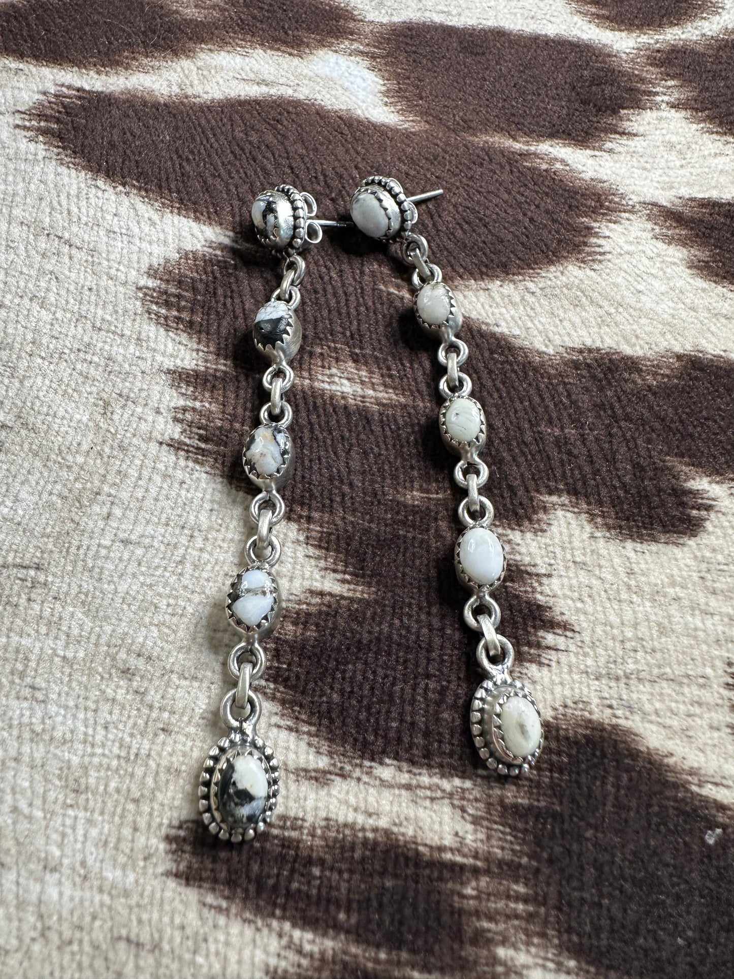 Handmade White Buffalo & Sterling Silver Dangle 5 Stone Earrings