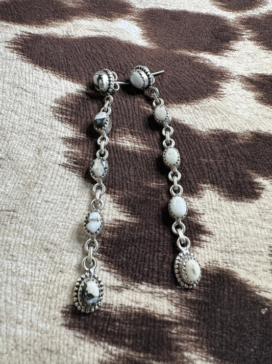Handmade White Buffalo & Sterling Silver Dangle 5 Stone Earrings