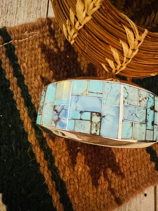 Handcrafted Sterling Silver & Golden Hills Turquoise Inlay Cuff Bracelet /