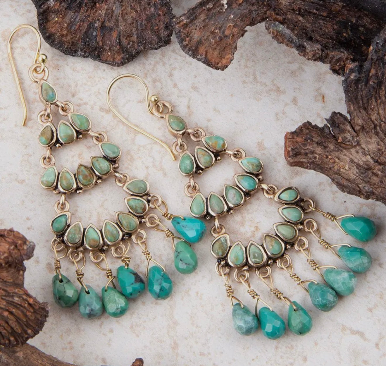 “The Golden Collection” TRIPLE THE BLUE Handmade Gold Plated Sterling Silver & Natural Turquoise Chandelier Earrings