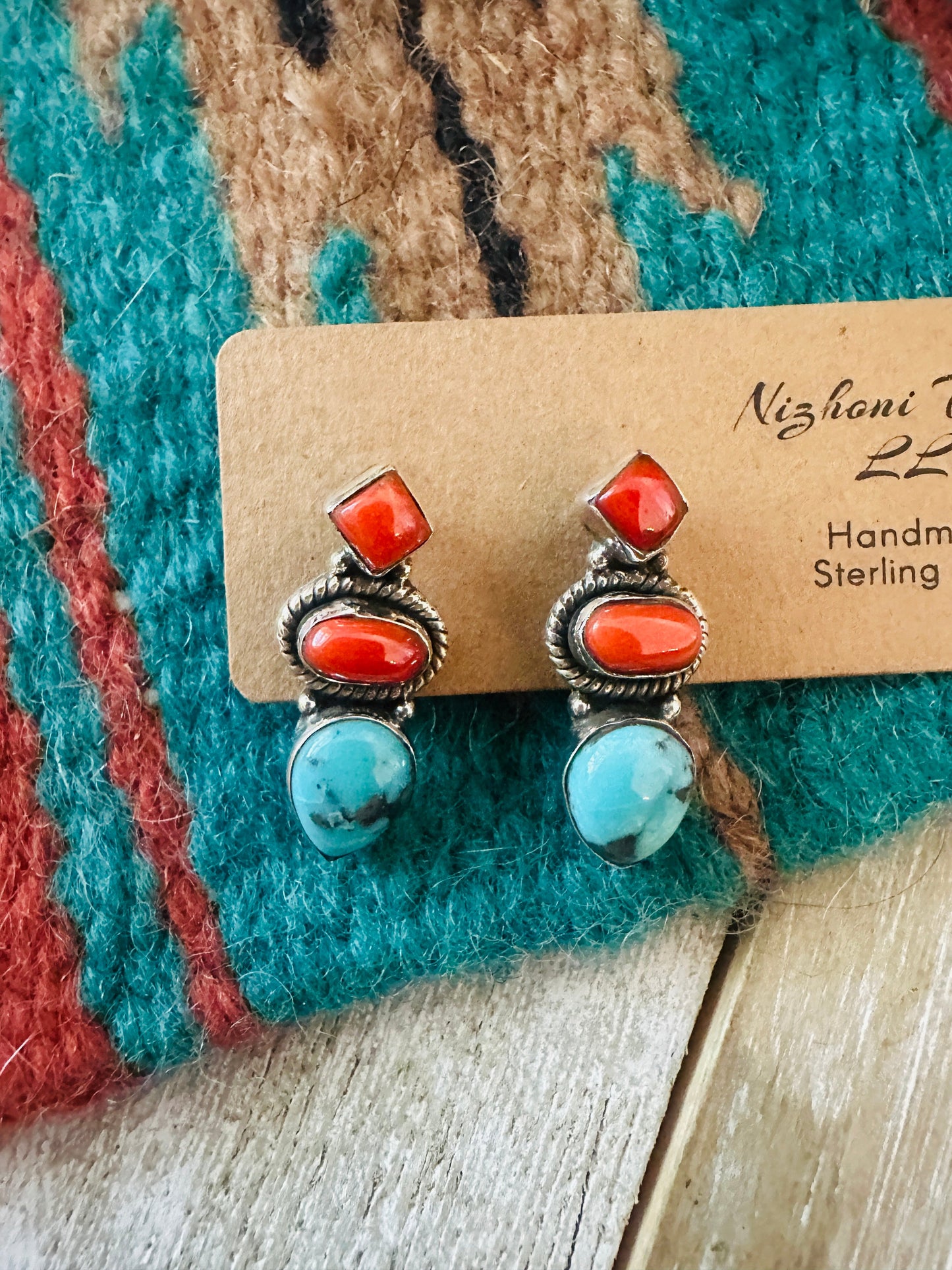 ** Christmas Collection ** Handmade Sterling Silver, Coral & Turquoise Earrings Signed Nizhoni