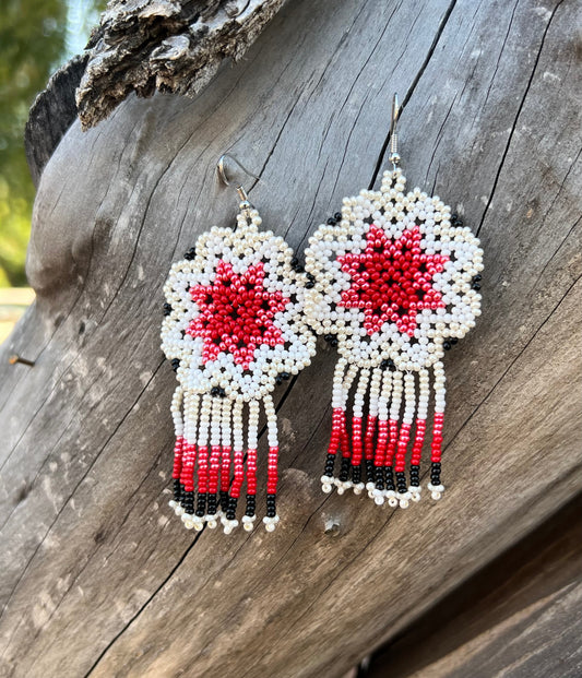 Handmade MultiColor Beaded Dangle Earrings (White, Red, & Black)