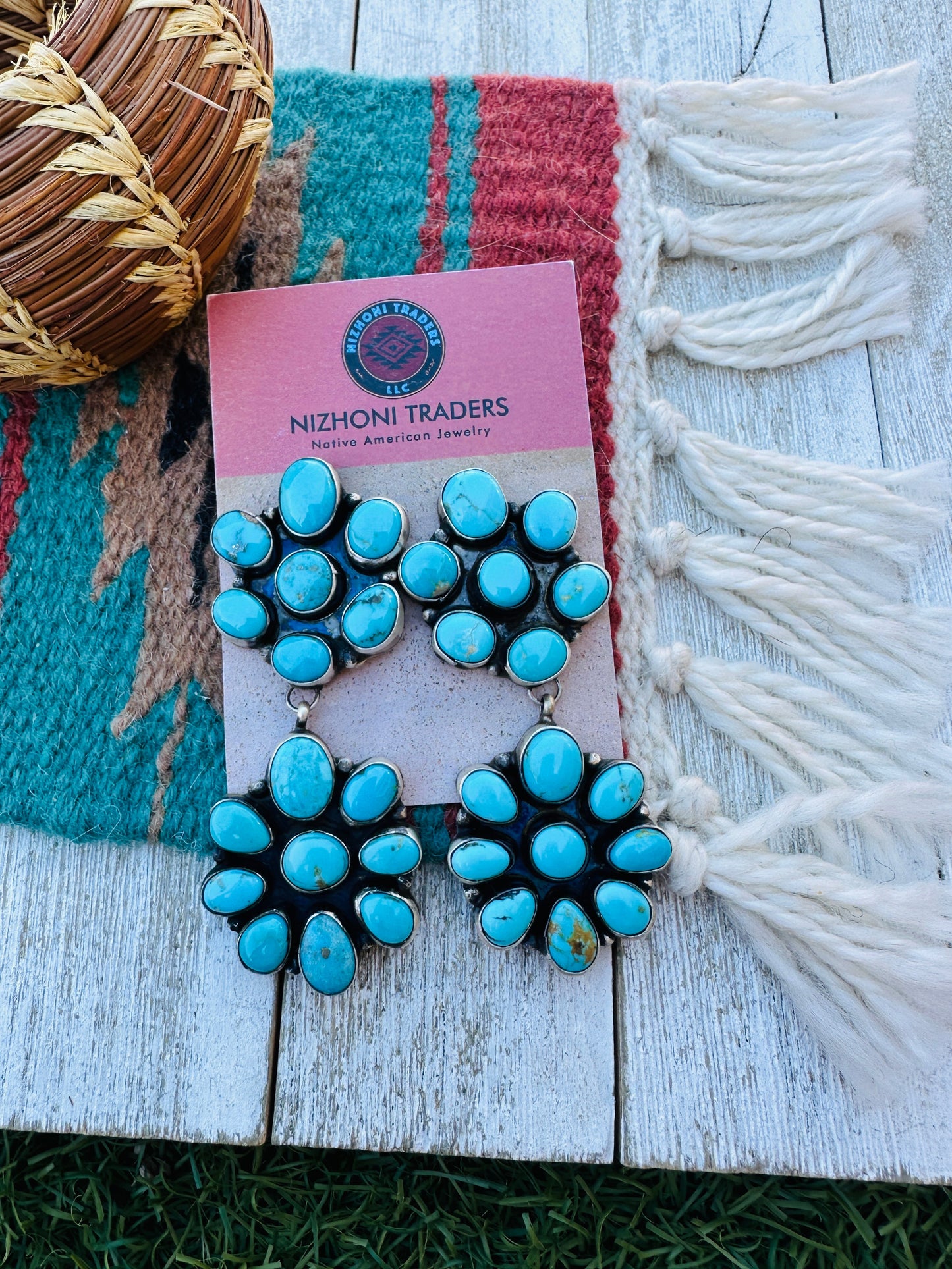 Handcrafted Kingman Turquoise And Sterling Silver Cluster Dangle Earrings by Ella Peter