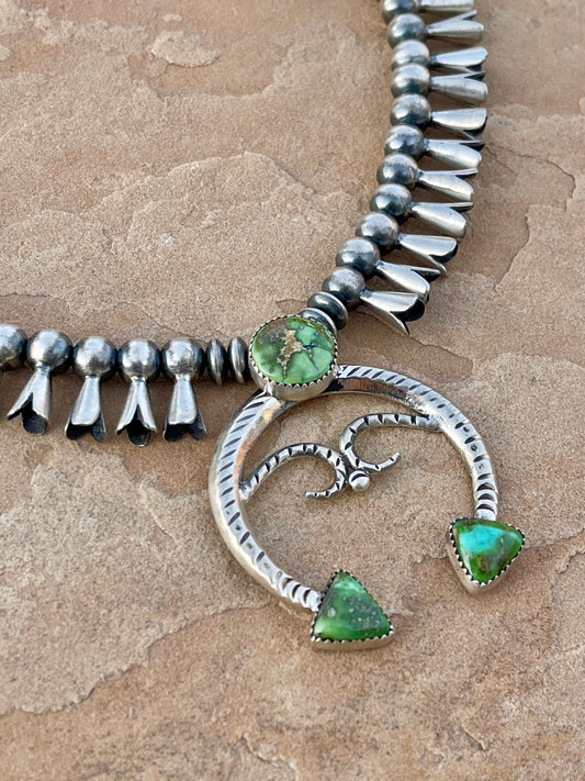 Beautiful Handmade Sterling Silver & Sonoran Mountain Turquoise Squash Blossom Necklace